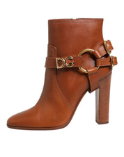Brown Leather DG Logo Buckle Ankle Boots Shoes