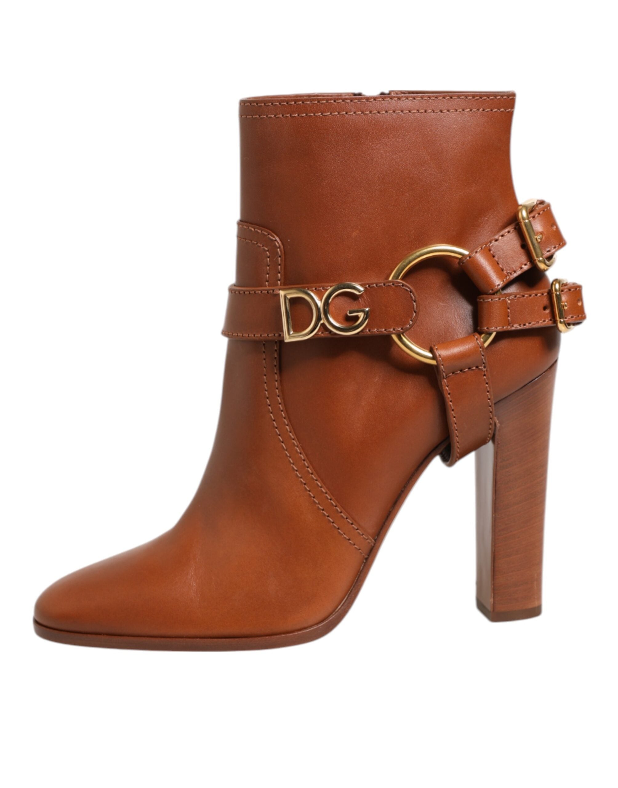 Brown Leather DG Logo Buckle Ankle Boots
