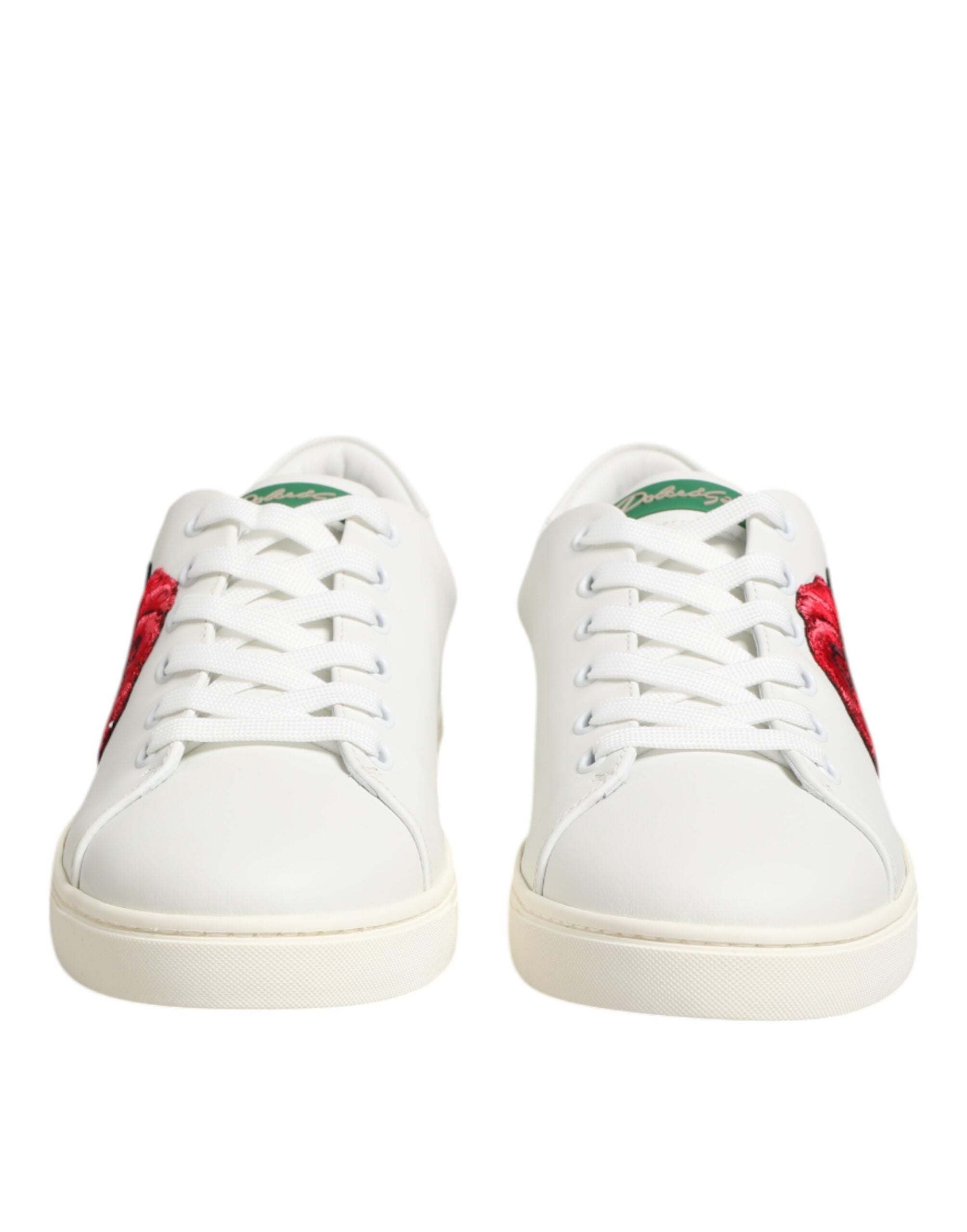 Dolce & Gabbana White Leather Rose Embroidery Low-Top Sneakers