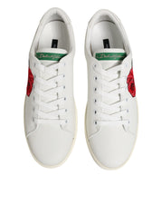 Dolce & Gabbana White Leather Rose Embroidery Low-Top Sneakers
