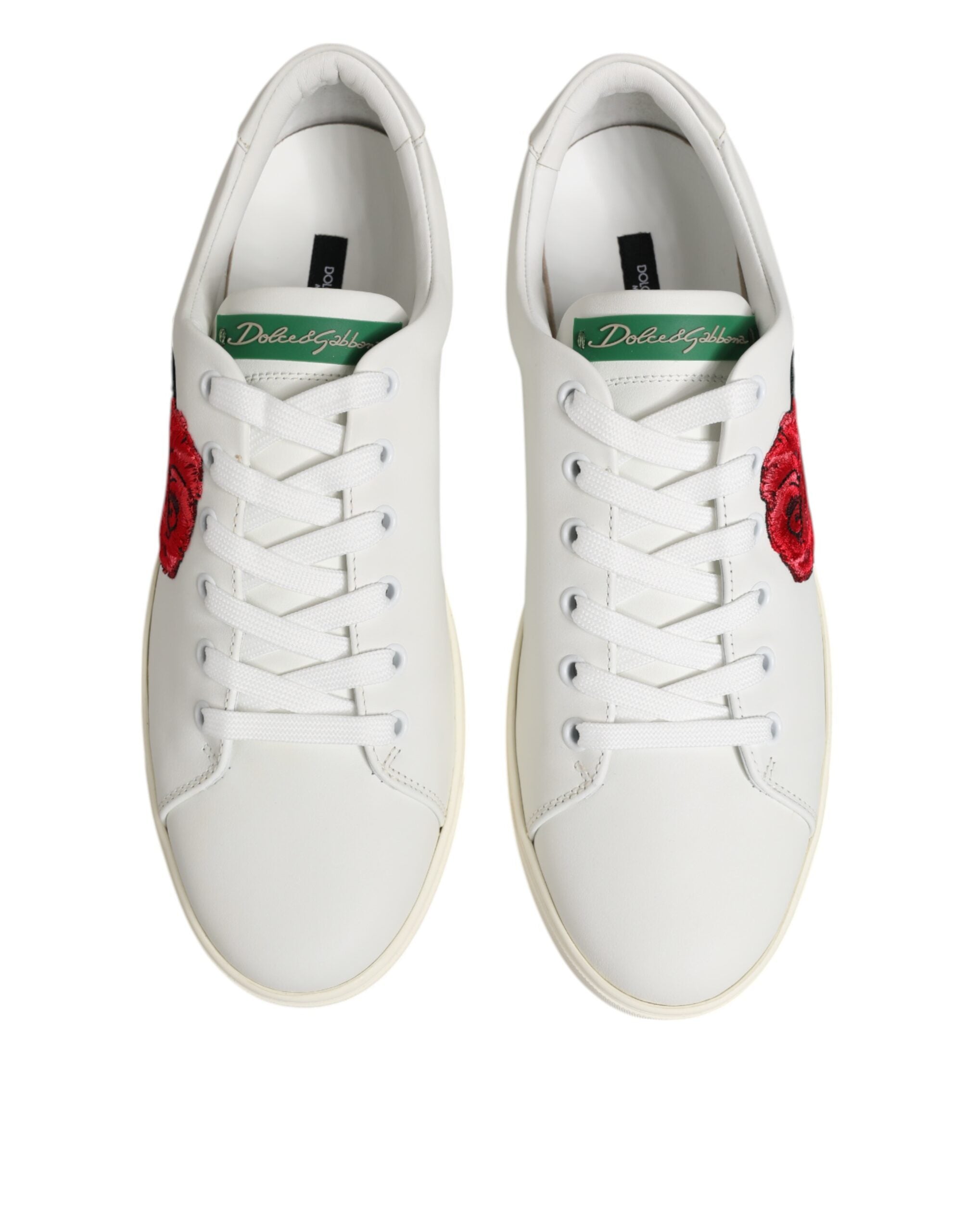 Dolce & Gabbana White Leather Rose Embroidery Low-Top Sneakers