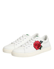 Dolce & Gabbana White Leather Rose Embroidery Low-Top Sneakers