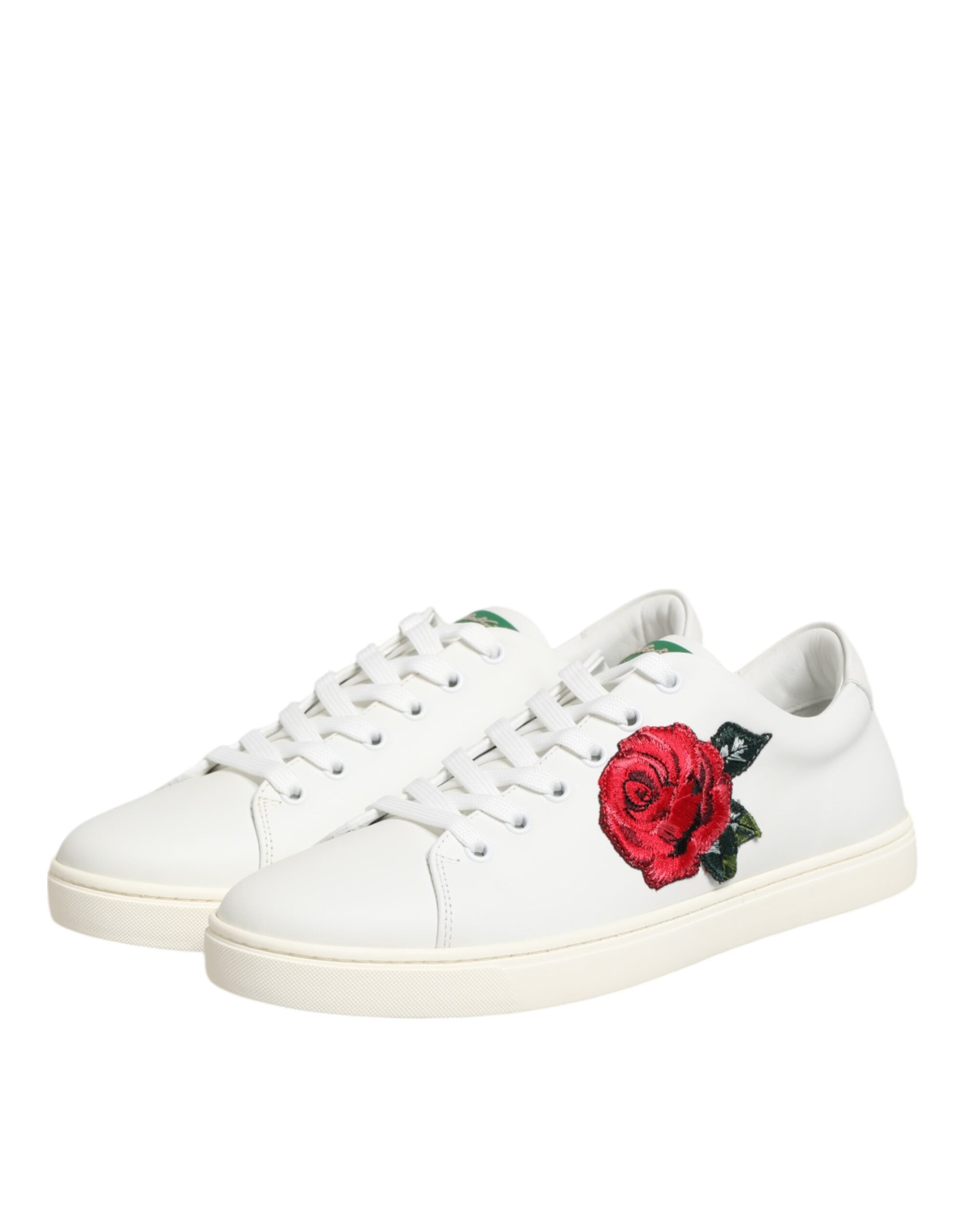 Dolce & Gabbana White Leather Rose Embroidery Low-Top Sneakers