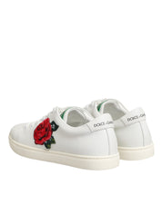 Dolce & Gabbana White Leather Rose Embroidery Low-Top Sneakers