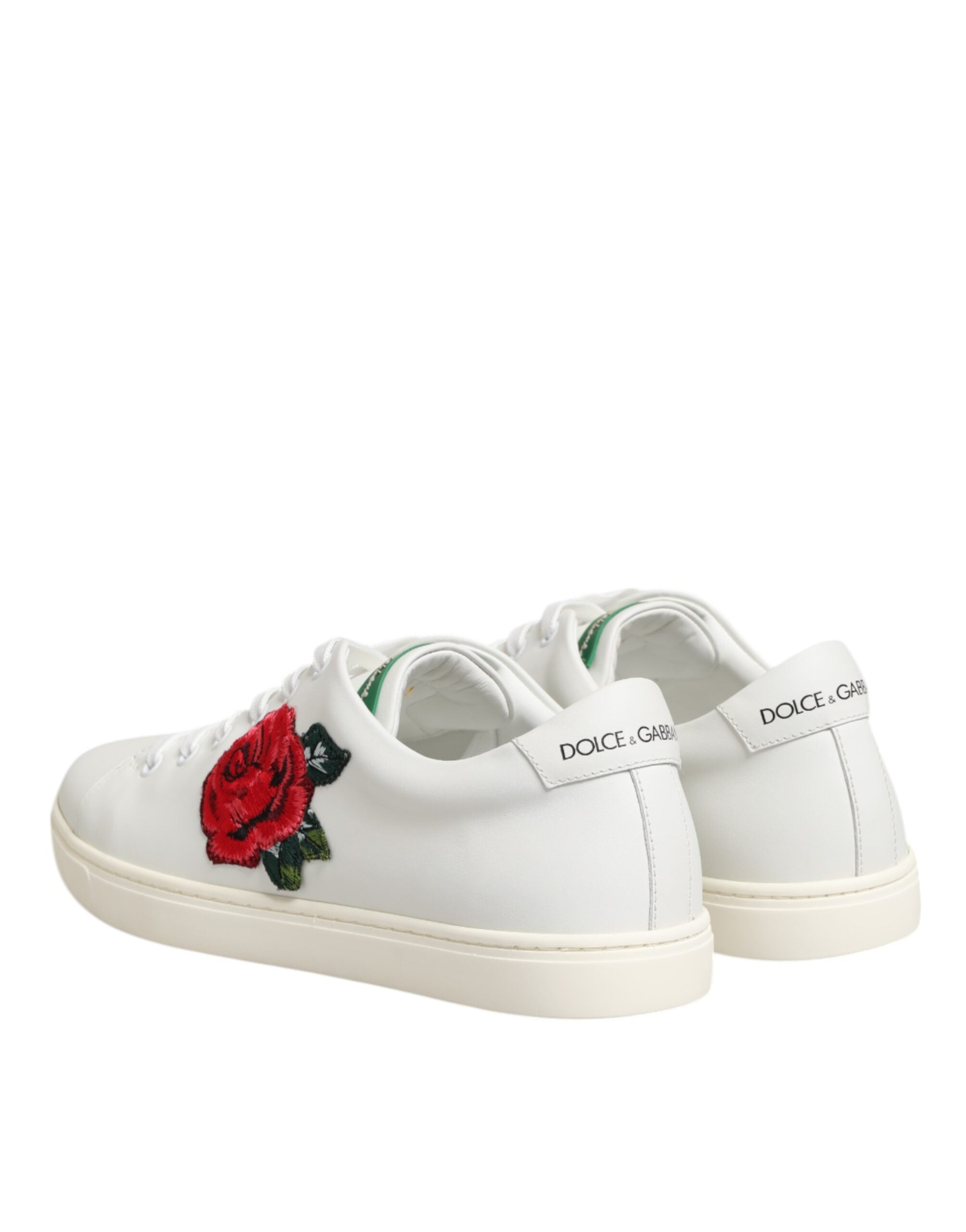 Dolce & Gabbana White Leather Rose Embroidery Low-Top Sneakers