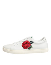 Dolce & Gabbana White Leather Rose Embroidery Low-Top Sneakers
