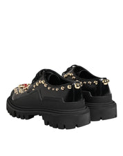 Black Leather Jeweled Crystals Derby Shoes