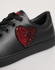 Dolce & Gabbana Black Leather Crystal Heart Low Top Sneakers