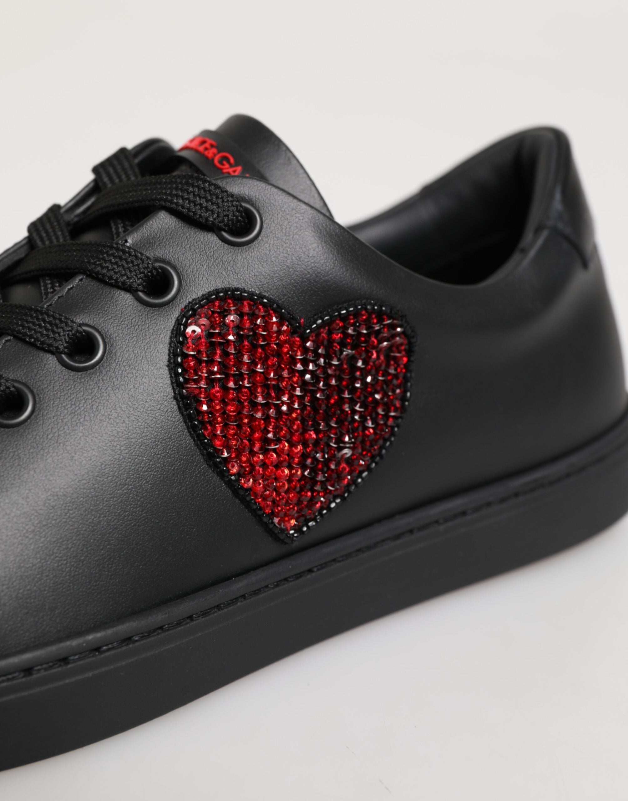Dolce & Gabbana Black Leather Crystal Heart Low Top Sneakers