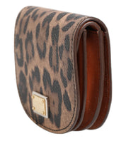 Brown Black Calf Leather Leopard Print Logo Plaque Wallet