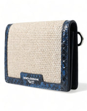 Beige raffia mini axelväska med blå läderdetaljer, crossbody-modell