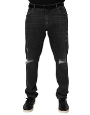 Black Cotton Slim Fit Distressed Ripped Logo Jeans