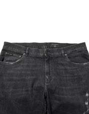 Black Cotton Slim Fit Distressed Ripped Logo Jeans