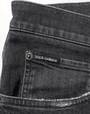 Black Cotton Slim Fit Distressed Ripped Logo Jeans