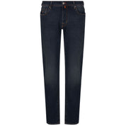 Blå bomullshögar för män med orange sömmar