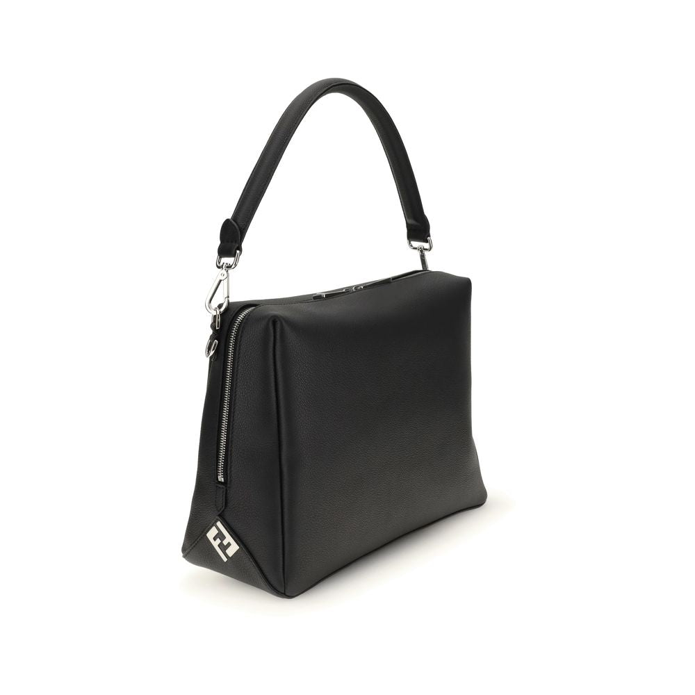 Black Calf Leather Lui Large Shoulder Bag with FF Metal Corner Accents