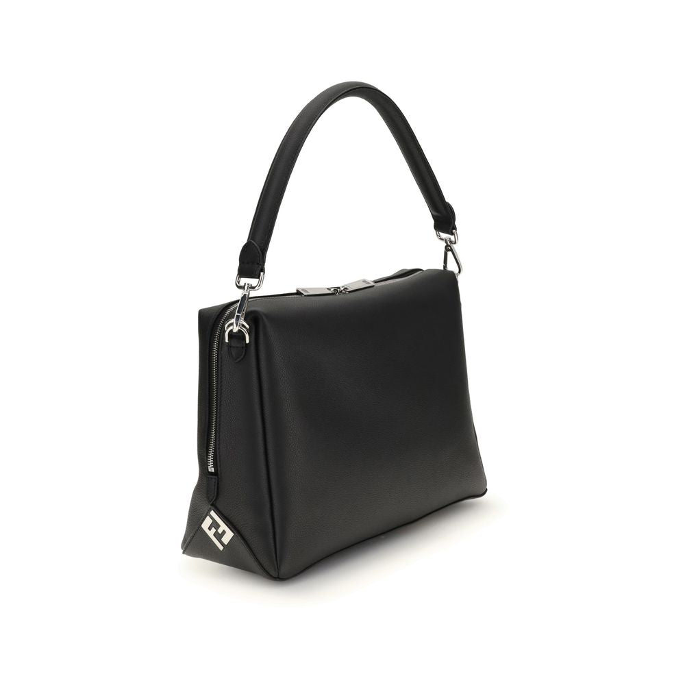 Black Calf Leather Lui Large Shoulder Bag with FF Metal Corner Accents