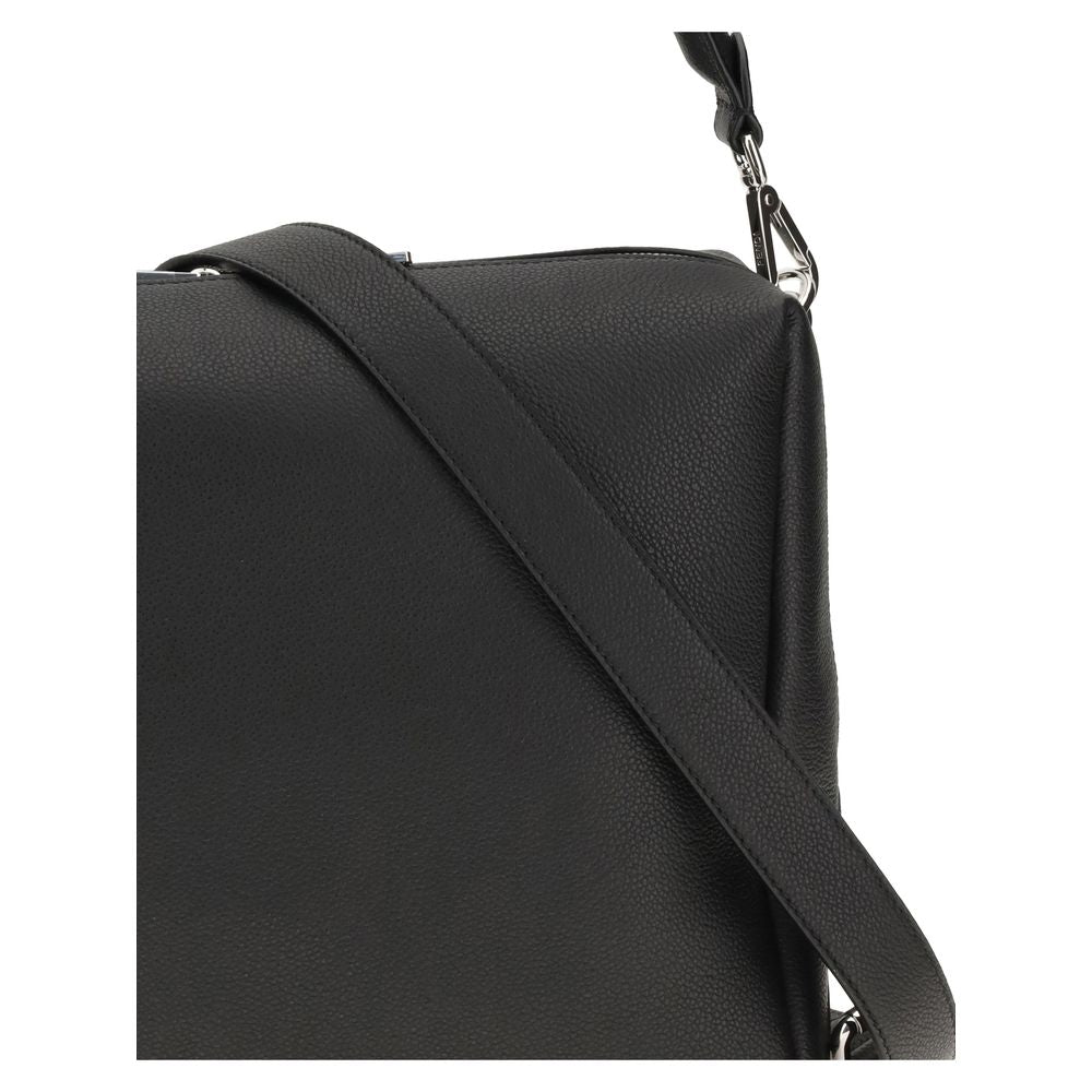 Black Calf Leather Lui Large Shoulder Bag with FF Metal Corner Accents