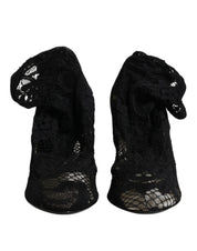 Black Lace Stretch Heels Mid Calf Boots Shoes