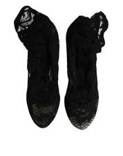 Black Lace Stretch Heels Mid Calf Boots Shoes