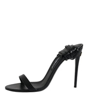 Black Leather Stiletto Heels Sandals Shoes