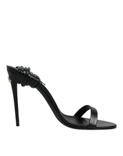 Black Leather Stiletto Heels Sandals Shoes