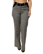 Gray Wool Blend Plaid Straight Leg Velvet Waist Pants