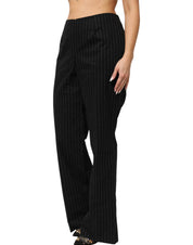 Black Wool Blend Pinstripe Straight Leg Pants