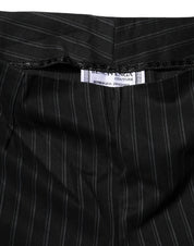 Black Wool Blend Pinstripe Straight Leg Pants