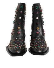 Dolce & Gabbana Black Calf Leather Short Boots with Multicolor Crystals