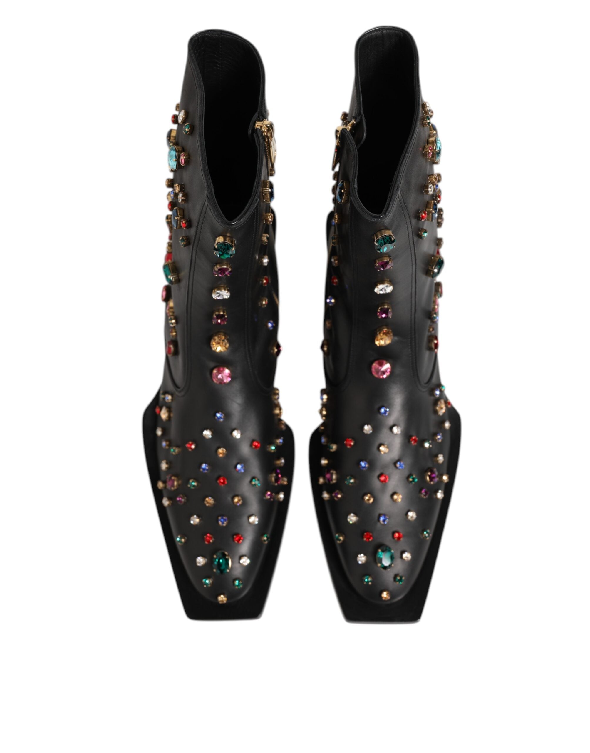 Dolce & Gabbana Black Calf Leather Short Boots with Multicolor Crystals
