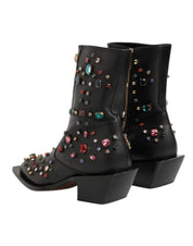 Dolce & Gabbana Black Calf Leather Short Boots with Multicolor Crystals