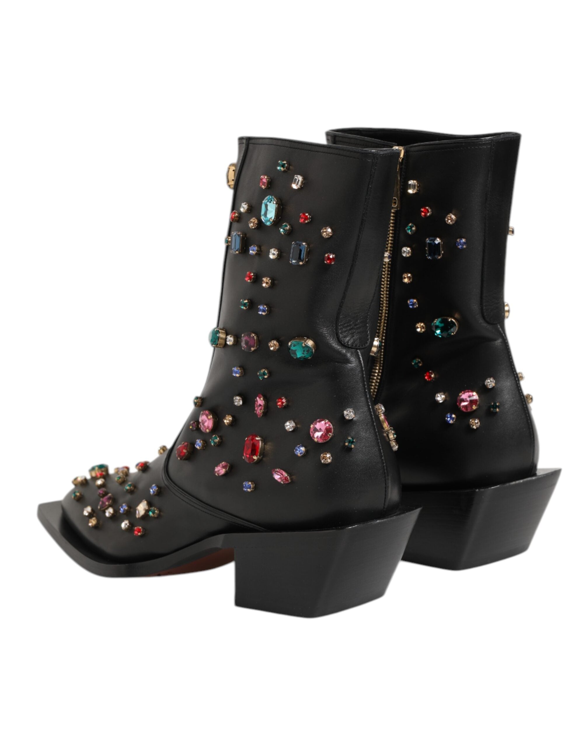 Dolce & Gabbana Black Calf Leather Short Boots with Multicolor Crystals