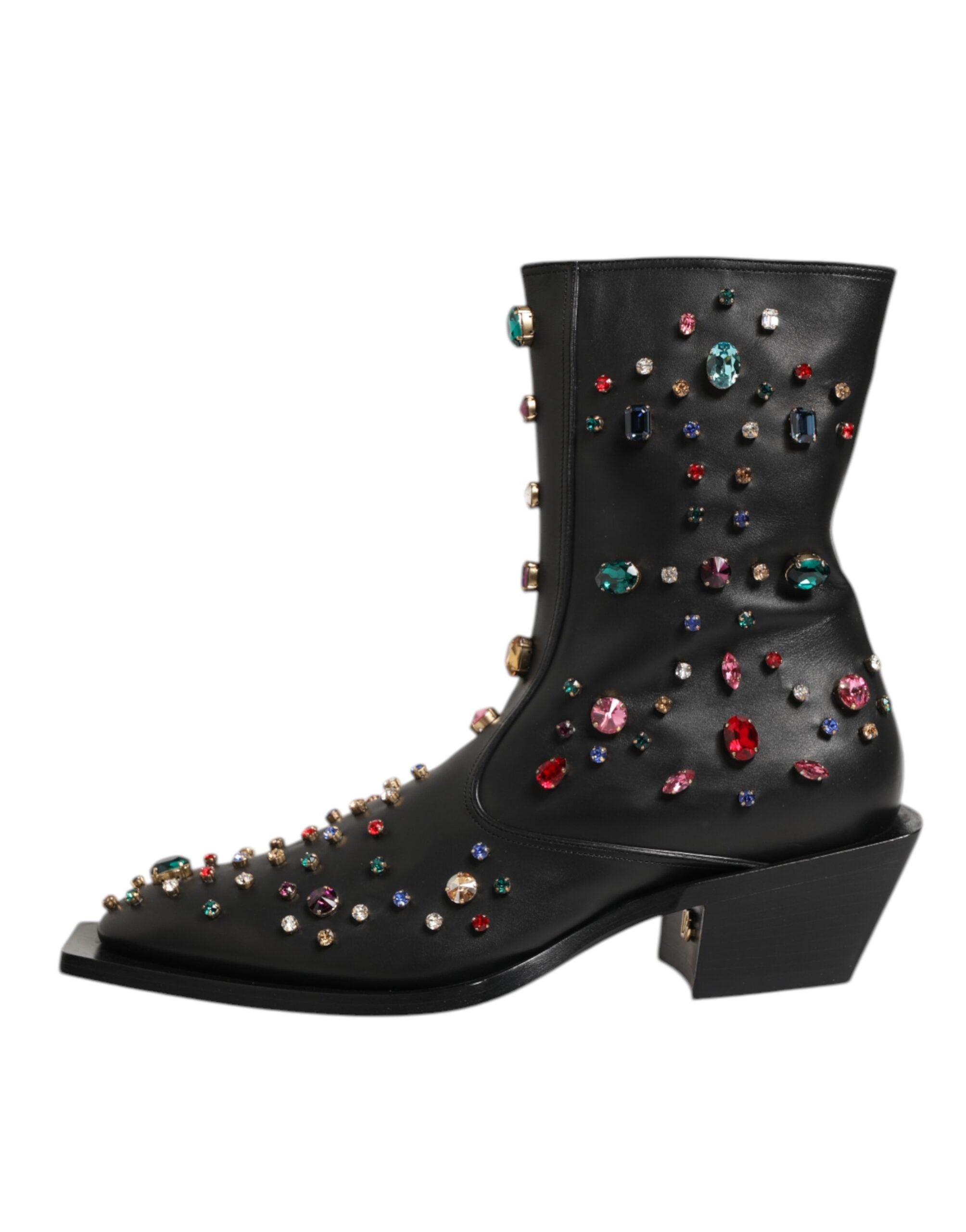 Dolce & Gabbana Black Calf Leather Short Boots with Multicolor Crystals