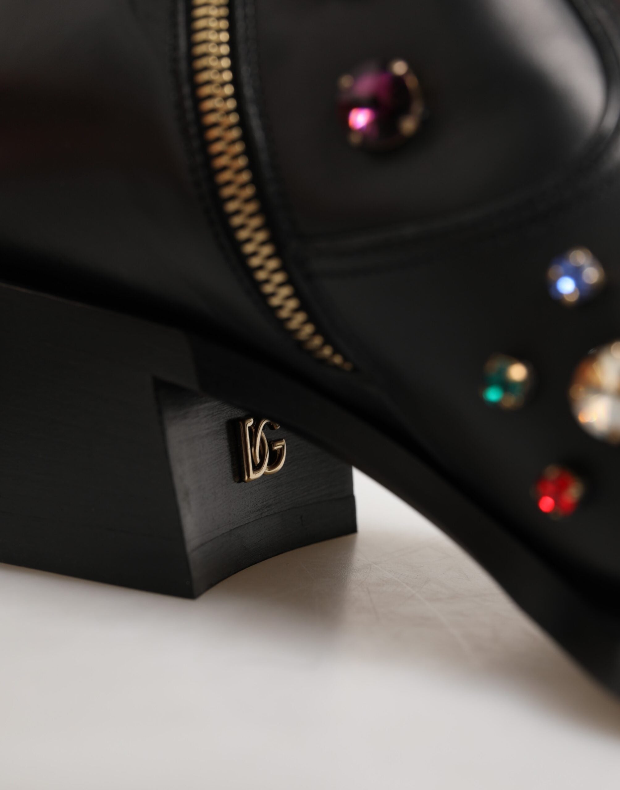Dolce & Gabbana Black Calf Leather Short Boots with Multicolor Crystals