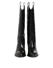 Black Leather Over The Calf Biker Boots Shoes