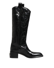Black Leather Over The Calf Biker Boots Shoes