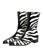 Black White Zebra Leather Mid Calf Boots Shoes