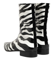 Black White Zebra Leather Mid Calf Boots Shoes