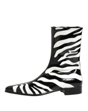 Black White Zebra Leather Mid Calf Boots Shoes