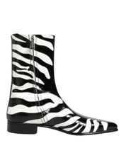 Black White Zebra Leather Mid Calf Boots Shoes