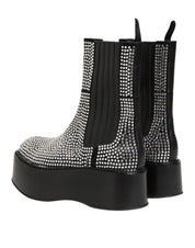 Black Crystal Strass Mid Calf Short Boots  Shoes
