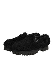 Dolce & Gabbana Black Leather Fur Dress Slippers