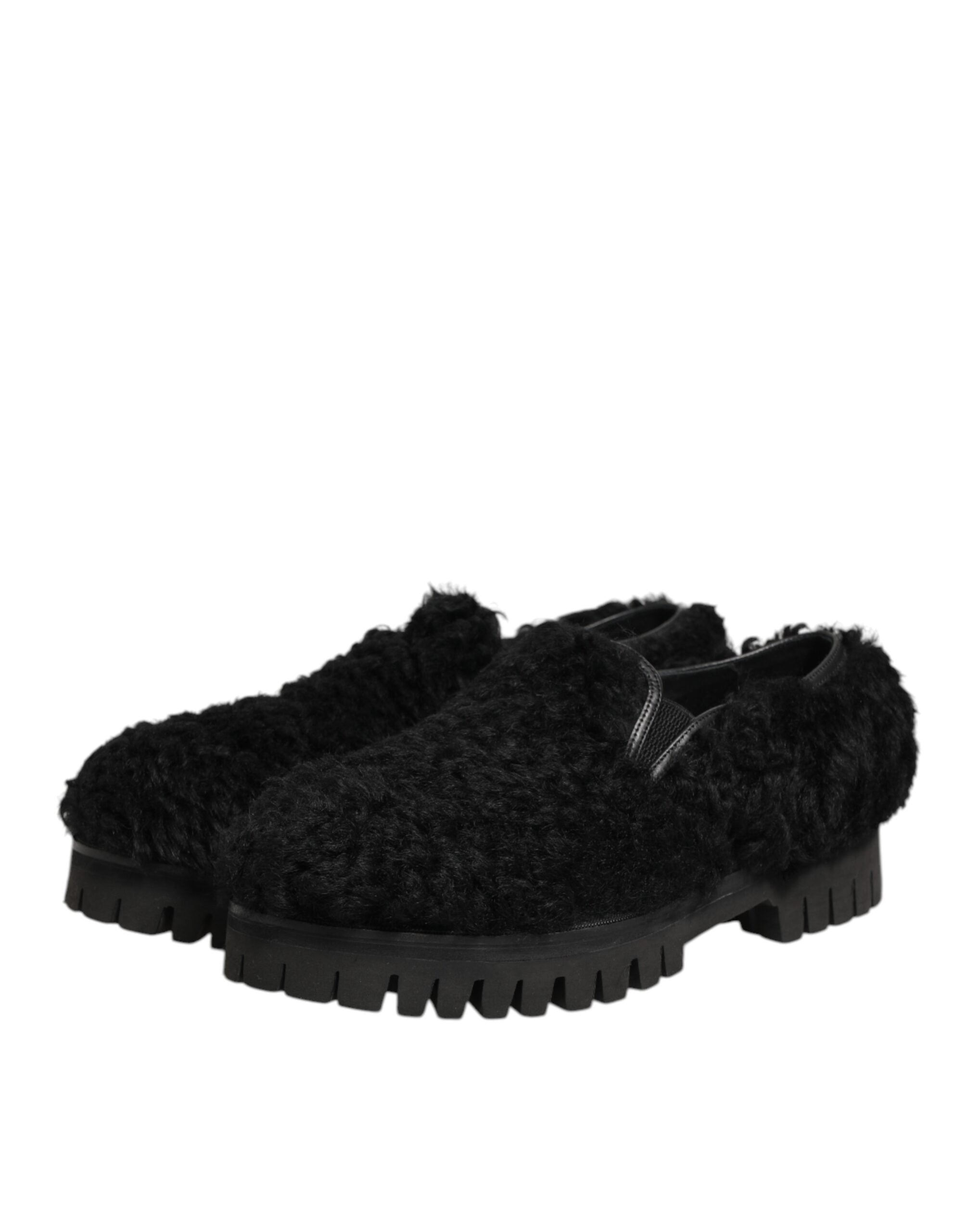 Dolce & Gabbana Black Leather Fur Dress Slippers