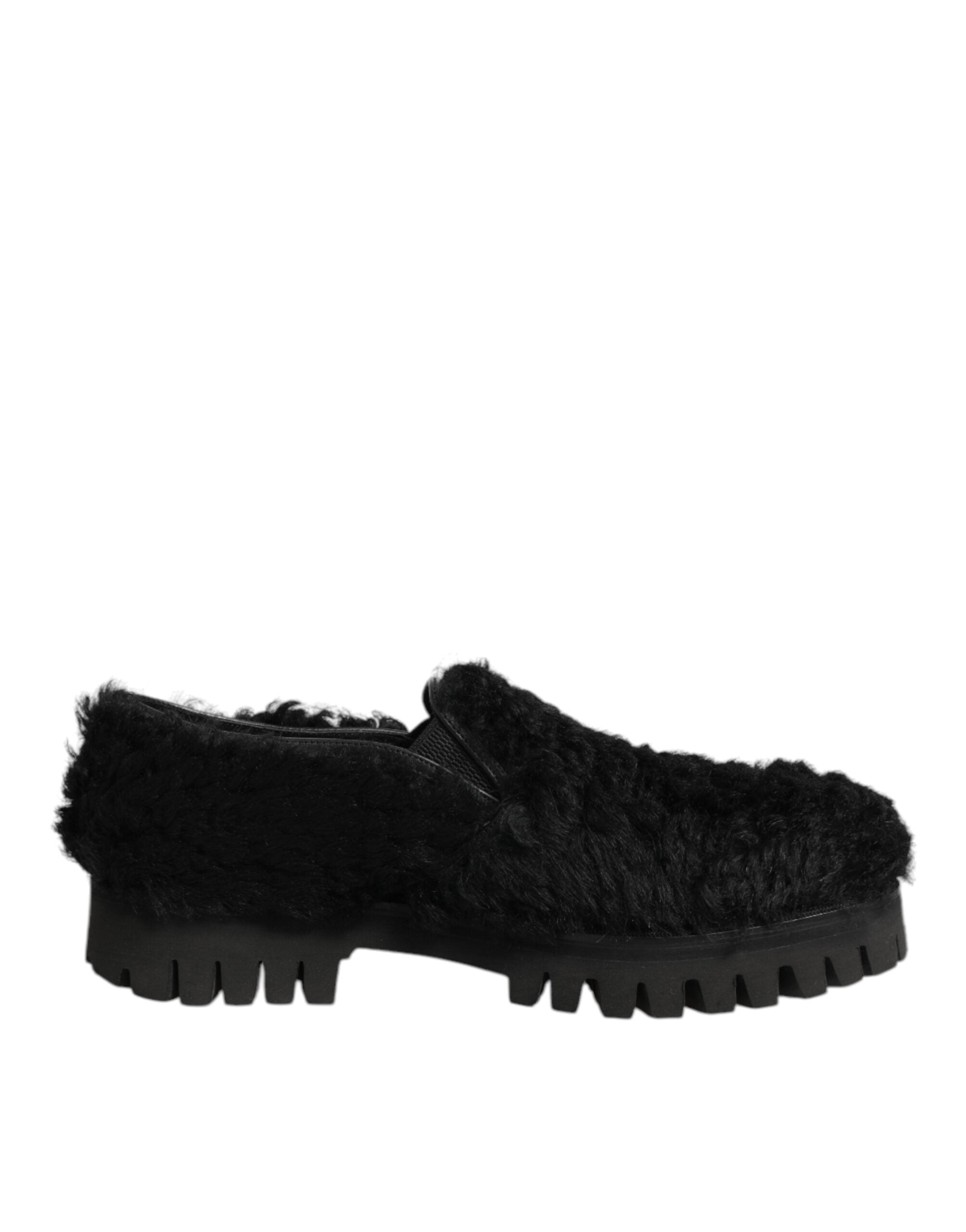 Dolce & Gabbana Black Leather Fur Dress Slippers