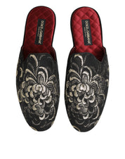 Black Floral Jacquard Slides Slippers Shoes