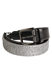 Black Silver Pebbled Texture Leather Buckle Men Belt