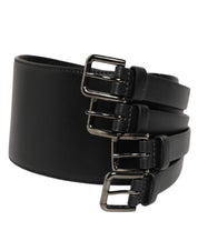 Black Leather 4-Strap Metal Multi-Buckle Belt