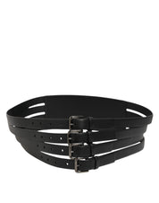 Black Leather 4-Strap Metal Multi-Buckle Belt