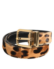 Brun läderrem med leopardmönster och metallspänne